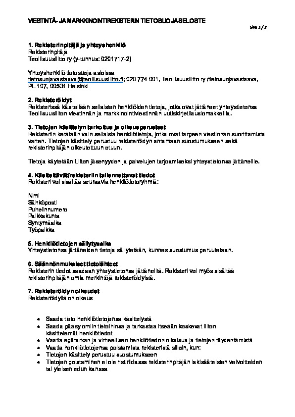 Viestintä- ja markkinointirekisterin tietosuojaseloste